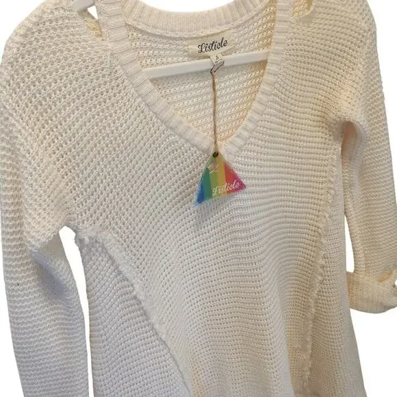 Listicle Distressed Long Sleeve Sweater in Cream - Size Small - NWT - Picture 2 of 4